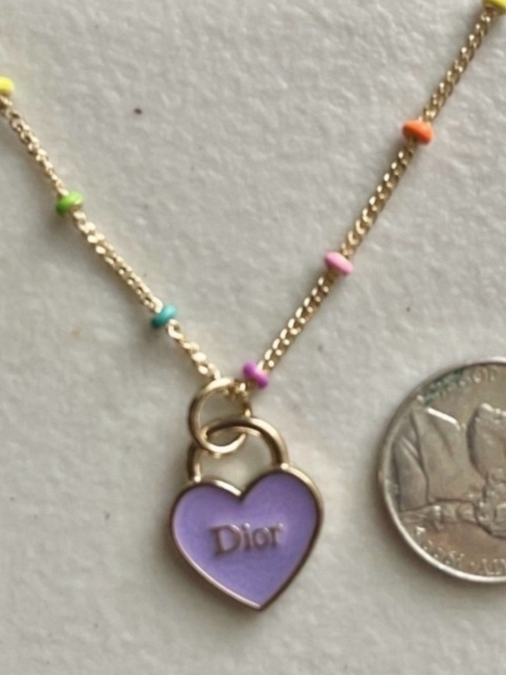 Christian Dior Purple Enamel Heart Charm Gf Multi Color Enamel Necklace - Picture 2 of 4